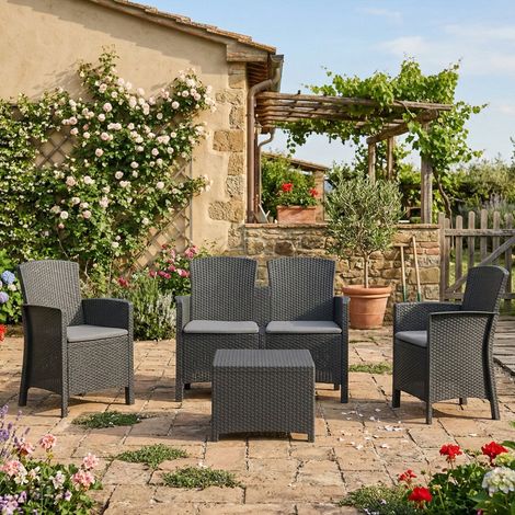 Dmora - Conjunto de salón exterior Dmorat, Conjunto de jardín con cojines, Conjunto de salón interior efecto ratán, 100% Made in Italy, Antracita (1/5)