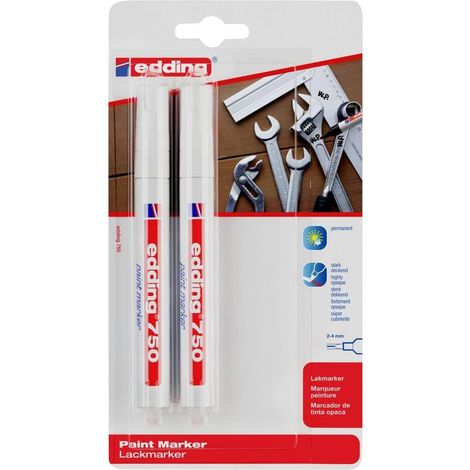 750 Marqueur peinture - blanc - 2 stylos - pointe ronde 2-4 mm - marqueur de peinture pour l'étiquetage du métal, verre, roche ou du plastique - résistant à la chaleur, permanent et étanche (1/5)