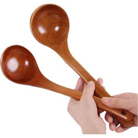 Ensemble de deux pièces - louche à soupe en bois - manche long - louche à huile de cuisson - deux tailles (28 cm + 30 cm) (1/5)