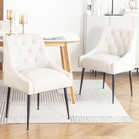 Chaise de Salle à Manger Blanche en Velours, Chaise à Dossier Matelassé avec Accoudoirs, Pieds Métalliques Noirs, Chaise de Repas Élégante pour Cuisine (1/5)