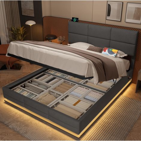 DESVIAE Lit coffre en velours avec tête de lit réglable LED USB rangement 140 x 200 cm gris foncé (1/5)