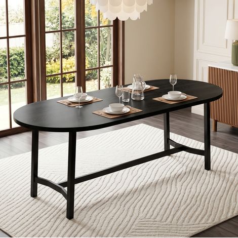Table à manger 180x80 cm pour 6 à 8 personnes, coins arrondis, structure stable en métal, MDF - noir (1/5)