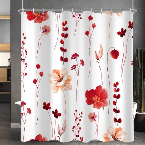 Rideau de douche - 180 x 160 cm - Rouge - Motif - Ourlet lesté - Anti-moisissure - Imperméable - Lavable - En polyester - Avec 12 œillets et anneaux de rideau de douche - Pour salle de bain (1/5)