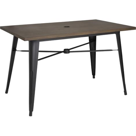 Table complète d'extérieur en aluminium avec plateau effet bois foncé peint au pinceau, dimensions: 120x76x76 cm avec trou pour parasol de 50 mm, FT955 (1/5)