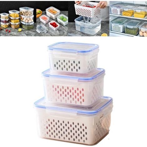 Contenitore 4 in 1 per frigorifero, contenitore per frutta e verdura con coperchio, cestello scolapiatti e colino inclusi, organizer da cucina, set da 3 pezzi (1/5)