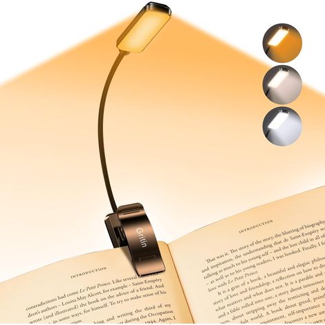 Lampe de livre rechargeable LED pour la lecture au lit - soin des yeux 3 couleurs température, luminosité graduée en continu, 80 heures de fonctionnement petite lampe de lecture légère (1/5)