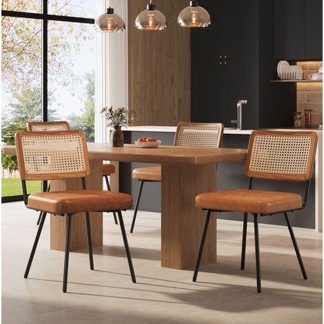 Lot de 4 chaises de salle à manger marron en PU et métal, dossier en rotin PE, 61 x 46 x 79 cm (1/5)