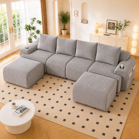 Canapé modulable en velours côtelé pour 4 personnes (avec 2 poufs), combinable à volonté, comprenant des porte-gobelets et une poche de rangement latérale, idéal pour les salons, les salles de séjour (1/5)