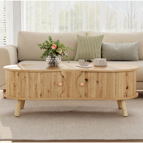 Table basse 108x50x37 cm couleur naturelle en MDF avec 2 portes coulissantes et pieds en bois massif (1/5)