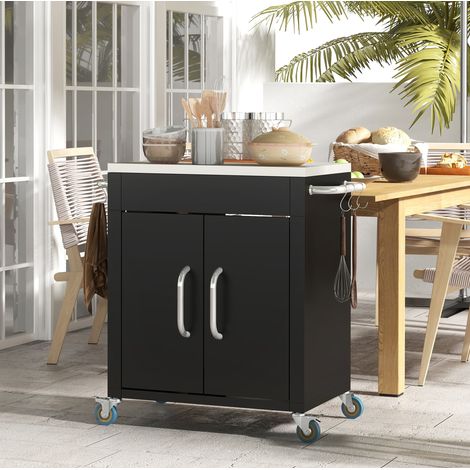 Meuble de cuisine à roulettes avec armoire, crochets et plateau inox noir HAVRYA (1/5)