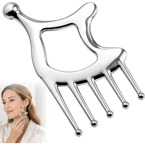 Appareil de massage portable pour le cuir chevelu, en acier inoxydable, 10,1 x 5,5 x 0,8 cm, outil Gua Sha pour la thérapie des points de déclenchement, pour la tête, le visage et les yeux. (1/4)