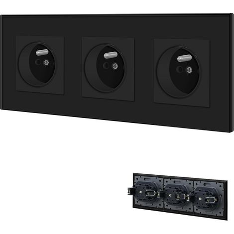 Prise Murale,Prises electriques Standard avec des griffes,16A 110-250V Triple Prise de Courant Alternatif avec Panneau en Verre Cristal,Prise Encastrable, pour Bureau à Domicile(3 Prise,Noir) (1/5)