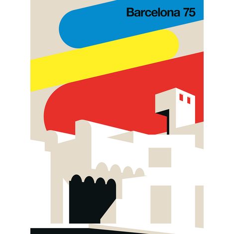 Papier peint panoramique rétro Barcelone Tapisserie panoramique chambre ado Papier peint panoramique graphique rouge, jaune & bleu idéal salon (1/2)