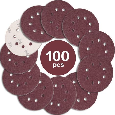 100PCS Disque de Ponçage 125mm Grain 80, Disques a Poncer Papier Abrasifs 8 Trous Idéal pour Poncer/Polir pour Ponceuse Excentrique (1/5)