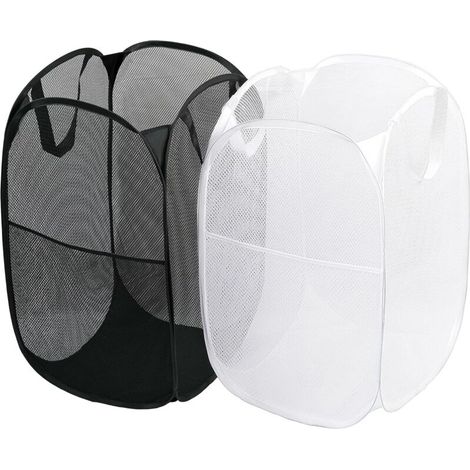 Lot de 2 paniers à linge pliables en maille avec poignées robustes, faciles à ouvrir et à plier, adaptés aux dortoirs, buanderies, chambres, camping-cars… (Blanc + Noir) 30 x 48 cm (1/4)