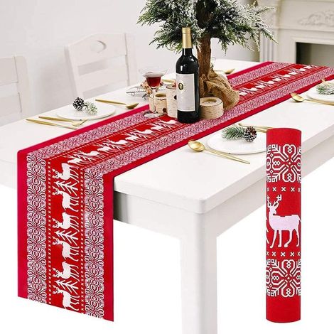 Camino de mesa navideño, camino de mesa de lino rojo con estampado de renos blancos, antideslizante, 28 x 274,3 cm (1/5)