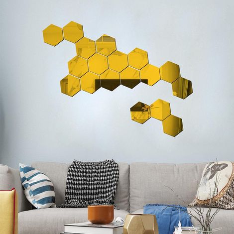 Stickers muraux hexagonaux effet miroir - Dorés, autocollants souples en verre non vitré pour la décoration murale de la maison (1/3)