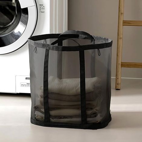 Borsa a rete con manici, cesto portabiancheria pieghevole, sacco portabiancheria pieghevole, borsa da spiaggia pieghevole traspirante, borse da viaggio salvaspazio (1, nero) (1/5)