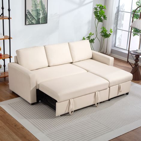 Canapé d'angle escamotable réversible avec banquette modulable, coffre intégré, 3 accessoires de soutien, teinte crème, convertible en lit. (1/5)