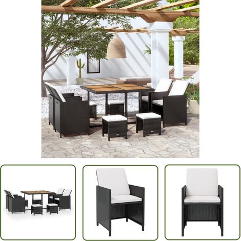 The Living Store 9-tlg. Garten-Essgruppe Poly Rattan Akazienholz Schwarz - Gartenmöbelset - Essgruppen - Rattan Möbel - Outdoor Möbel - Gartentisch (1/5)