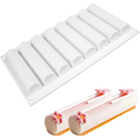 Stampo cilindrico in silicone per torte mousse, stampo 3D per torte, dessert francesi, pasticcini, cioccolatini, barrette sottili e decorazioni per torte, forma cilindrica 3D (8 cavità)