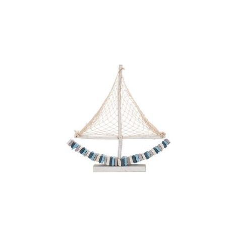 Sculpture bateau à voile en bois avec filet en tissu 45x45x7cm Enok - Bleu (1/5)