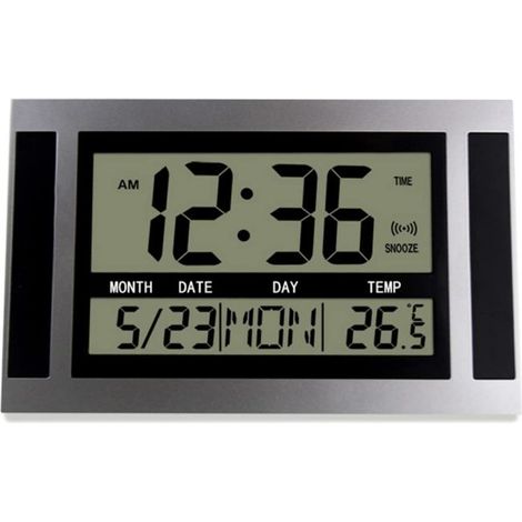 Moderne LCD-Wanduhr von Uikdjgu mit Temperatur- und Kalenderanzeige, großem Digitaldisplay, Tisch-/Schreibtischgröße für Zuhause oder Büro, Silber