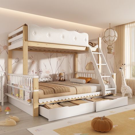 Modernluxe - Lit superposé enfant 90x200 + 140x200 cm - avec barrières de sécurité nuage et tiroirs - blanc et chêne (sans matelas) (1/5)