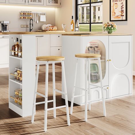 Ensemble bar : Îlot de cuisine avec espace de rangement et 2 tabourets de bar, blanc, aspect bois, portes vitrées et étagères réglables, charge maximale de 150 kg par tabouret (1/5)