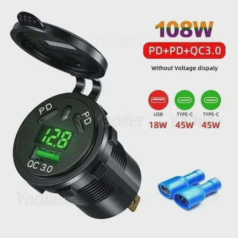 Chargeur de voiture rapide 45 W PD et 18 W QC3.0 avec prise USB Type C 12 V, interrupteur et voltmètre, étanche, pour bateau, moto et camion. (1/5)