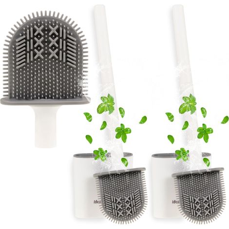 Lot de 2 brosses de toilette avec baignoire de ramassage - brosses de toilette en silicone avec support mural - brosses de toilette flexibles avec poils efficaces et délicates (1/5)