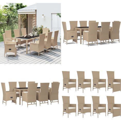 Set da Pranzo da Giardino 9 pz con Cuscini Beige in Polyrattan - Sedie da giardino reclinabili - Tavolo da giardino