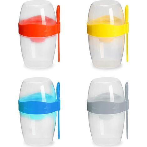 4 pièces coupe sécurisée avec cuillère régime repas boucher de salade portable avec cuillère bouteille pratique pour les activités extérieures (bleu, jaune, rouge, gris) (1/5)