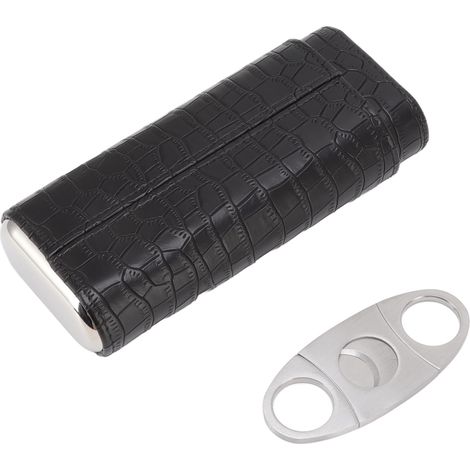 Étui à cigares en cuir avec doublure en cèdre, porte-cigares portable 3 pièces, humidificateur à cigares avec coupe-cigare, noir, pour voyage. (1/5)