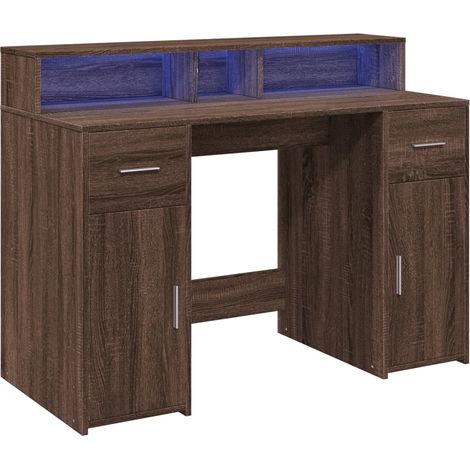 Escritorio mesa puesto de trabajo mueble de ordenador estudio y luces LED madera de ingeniería de roble marrón 020023795 (1/5)