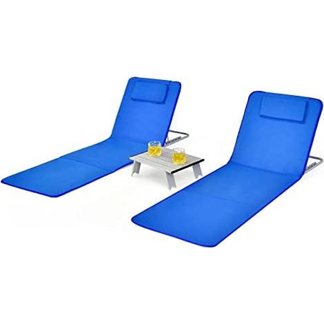 Lot de 2 Matelas de Plage avec Table d'appoint, Oreiller, Compartiment de Rangement, Matelas de Couchage avec Dossier réglable, Chaise Longue pour la Plage (Bleu) (1/5)