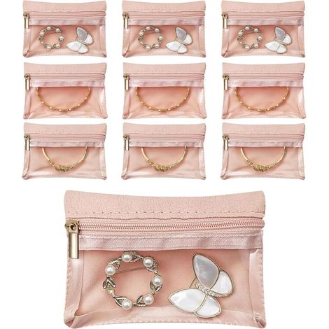 Set mit 10 Reiseetuis mit Reißverschluss für Schmuck, Ringe, Ohrringe, Halsketten und Armbänder (Rosa) (1/5)