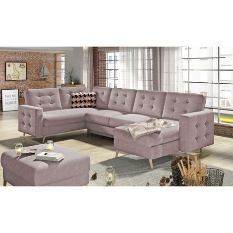 Canapé panoramique convertible ANSKA en tissu - Pieds bois naturel-Rose clair (1/5)