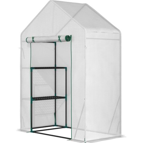 Serre d'extérieur, petite serre à 2 étagères, porte enroulable zippée, structure en acier et bâche en polyéthylène 140 g/m² pour la culture de plantes et de fleurs, 143 x 73 x 195 cm, blanche (1/5)