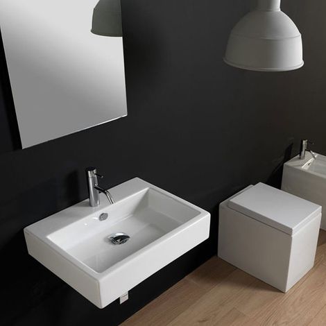 Lavabo d'Appoggio o Sospeso 80x47xh13 cm - Rettangolare - Mod. QUAD  Ceramica Bianco (1/5)