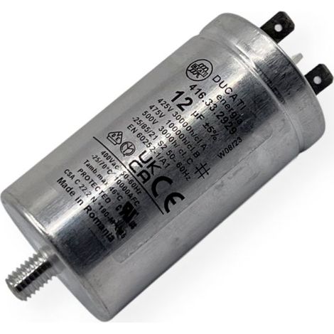Ducati Energia – Condensateur permanent aluminium 12µF à cosses faston simple – Ø40x72mm – Compatible avec Bosch, Siemens, Electrolux