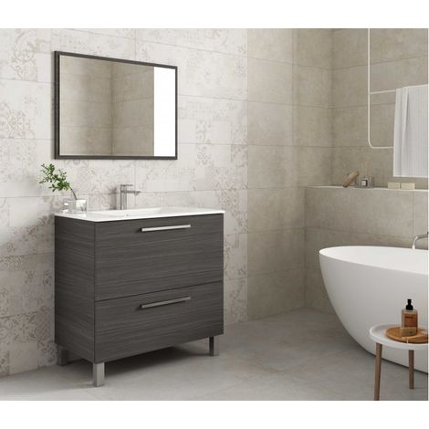 Meuble de salle de bain au sol 80 cm gris cendre avec miroir - Leeds - Gris cendré Avec double colonne et lampe LED - Colore: Grigio cenere - Accessorio: Standard (1/10)