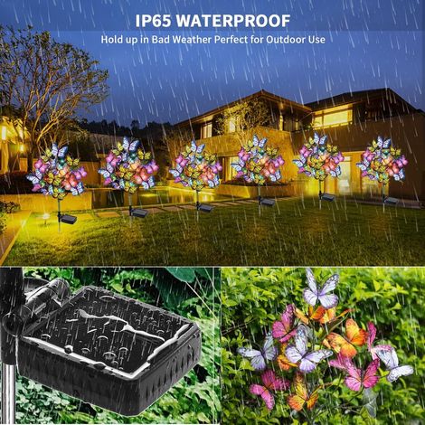 Lot de 2 lampes solaires décoratives d'extérieur étanches pour jardin - 44 LED - 34 décorations papillon et fleurs - Pour jardin, terrasse et pelouse (1/5)