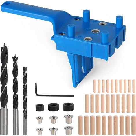 Guida di foratura regolabile per cerniere, dima per fori a tasca 6/8/10 mm, guida di foratura per legno, dima per tasselli, posizionatore per fori per legno, diritta, blu (44 pezzi) (1/5)