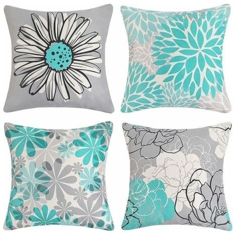 Ensemble de 4 housses de coussin d'extérieur, housses de coussin imperméables en lin à motif tournesol pour terrasse, jardin, salon, chambre, décoration (40 x 40 cm, jaune) (1/5)