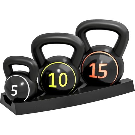 Set di kettlebell, composto da 3 kettlebell del peso rispettivamente di 2,2 kg, 4,5 kg e 6,8 kg, con custodie in plastica, di colore nero, spedizione in loco. (1/5)