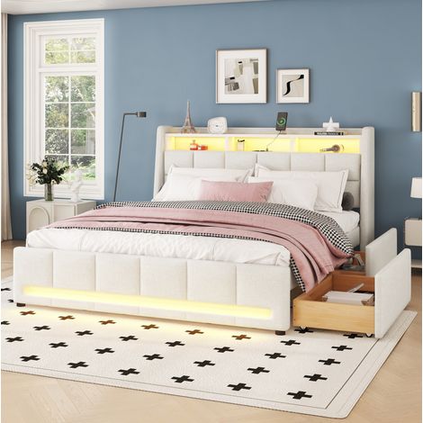 Lit rembourré moderne 140x200 cm avec tête de lit rangement, 2 tiroirs, USB et LED APP, lin beige (1/5)