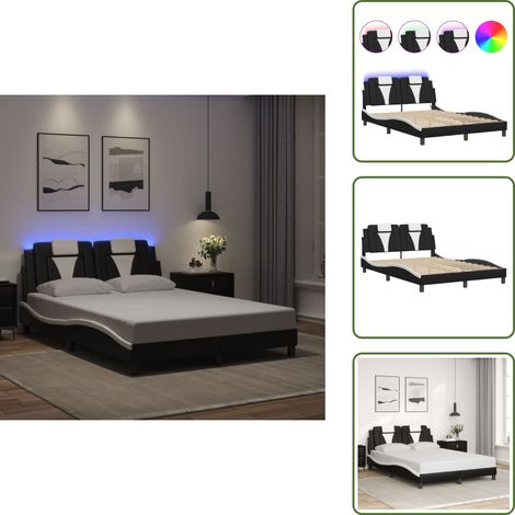 Bettgestell mit LED Schwarz und Weiß 140x200 cm Kunstleder - Bettstellengestell - Schlafzimmermöbel - LED-Bett - Kunstlederbett - Doppelbett