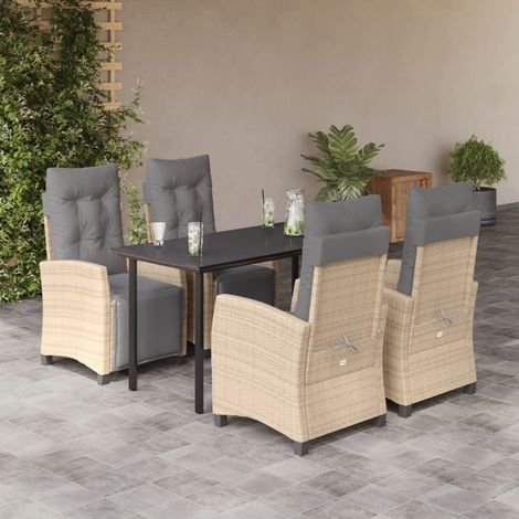 Salon de jardin 5 pièces avec table et 4 fauteuils en résine tressée beige et coussins - PANGIVO (1/5)