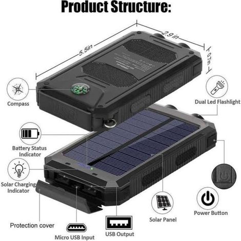 Batterie Externe Solaire 20000mAh Étanche avec Double USB LED, Power Bank Portable Outdoor (1/5)